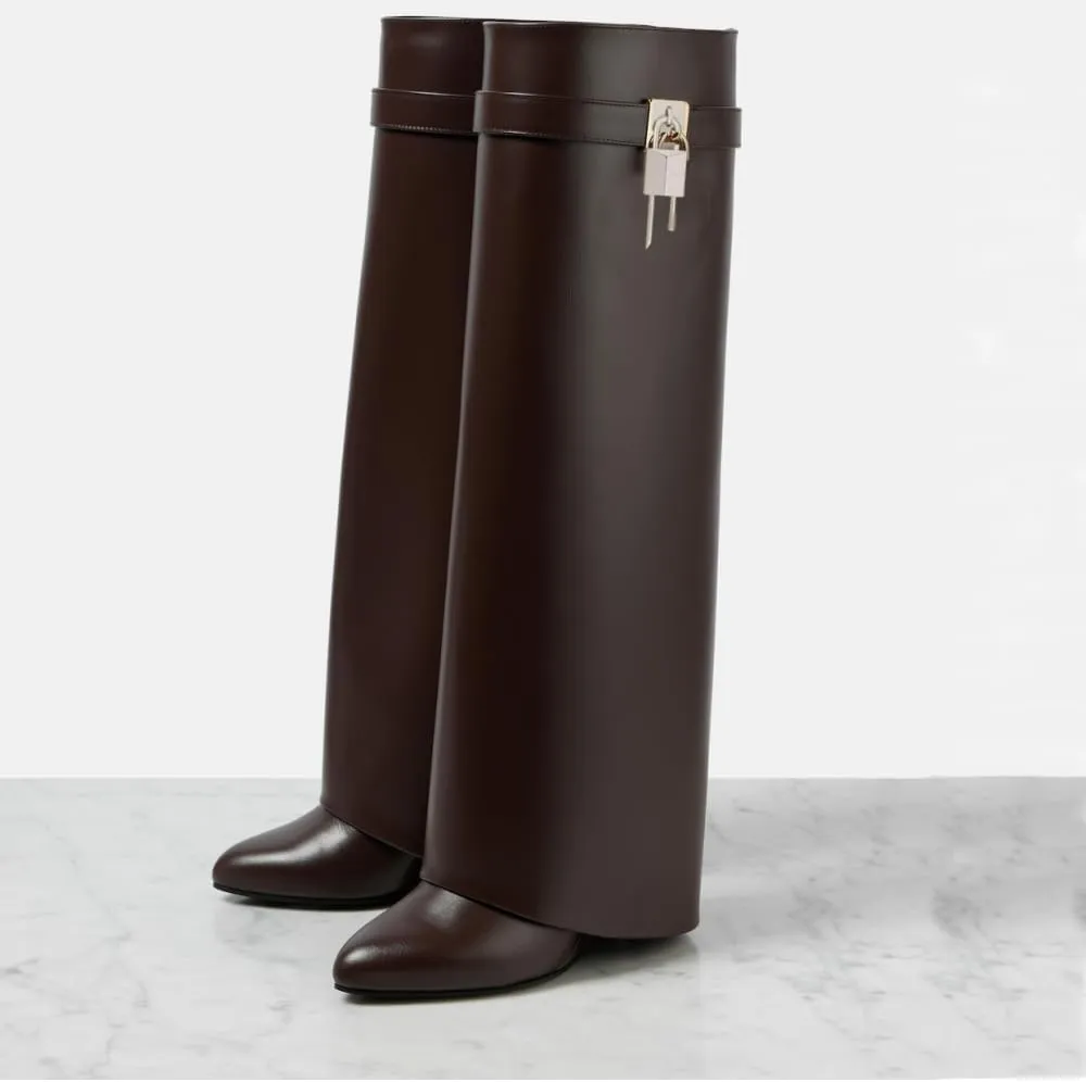 keleimusi Fold Over Wedge Boots Heeled PadLock Pant Knee High Shoes Tall/Short Booties in Black