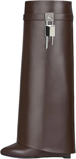 keleimusi Fold Over Wedge Boots Heeled PadLock Pant Knee High Shoes Tall/Short Booties in Black