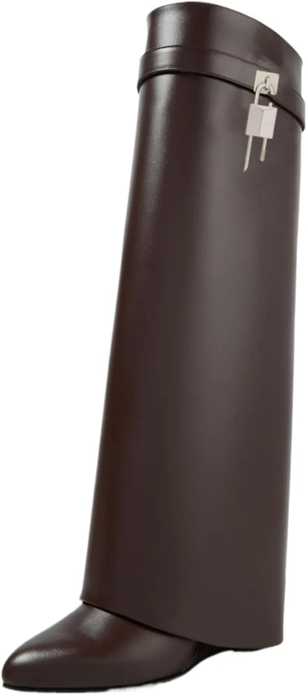 keleimusi Fold Over Wedge Boots Heeled PadLock Pant Knee High Shoes Tall/Short Booties in Black