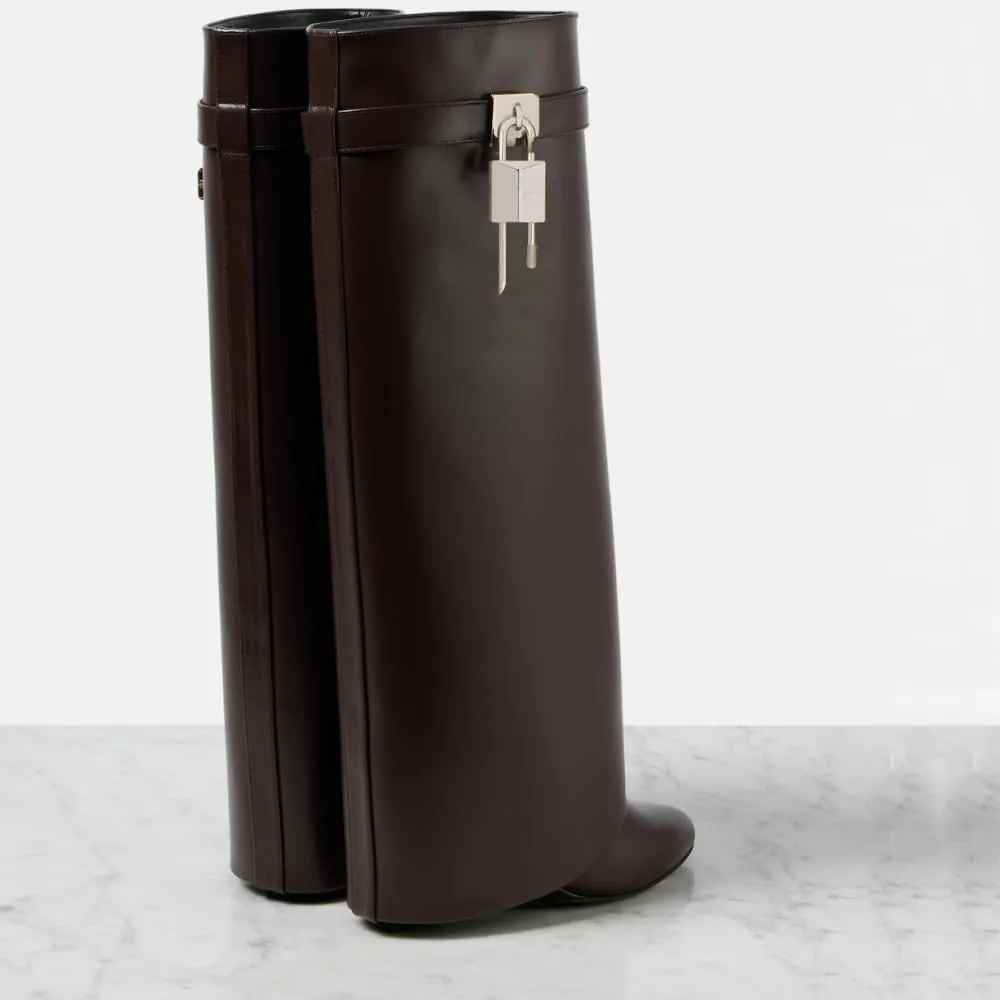 keleimusi Fold Over Wedge Boots Heeled PadLock Pant Knee High Shoes Tall/Short Booties in Black
