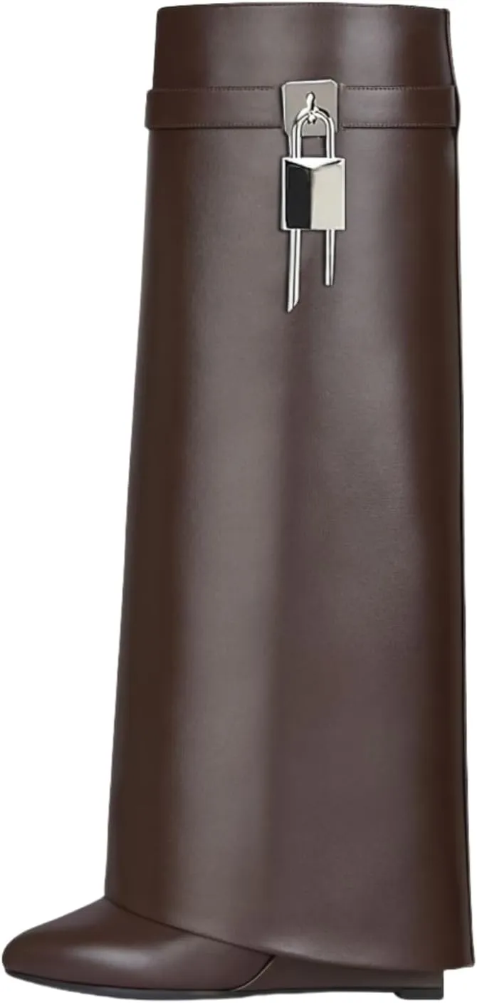 keleimusi Fold Over Wedge Boots Heeled PadLock Pant Knee High Shoes Tall/Short Booties in Black