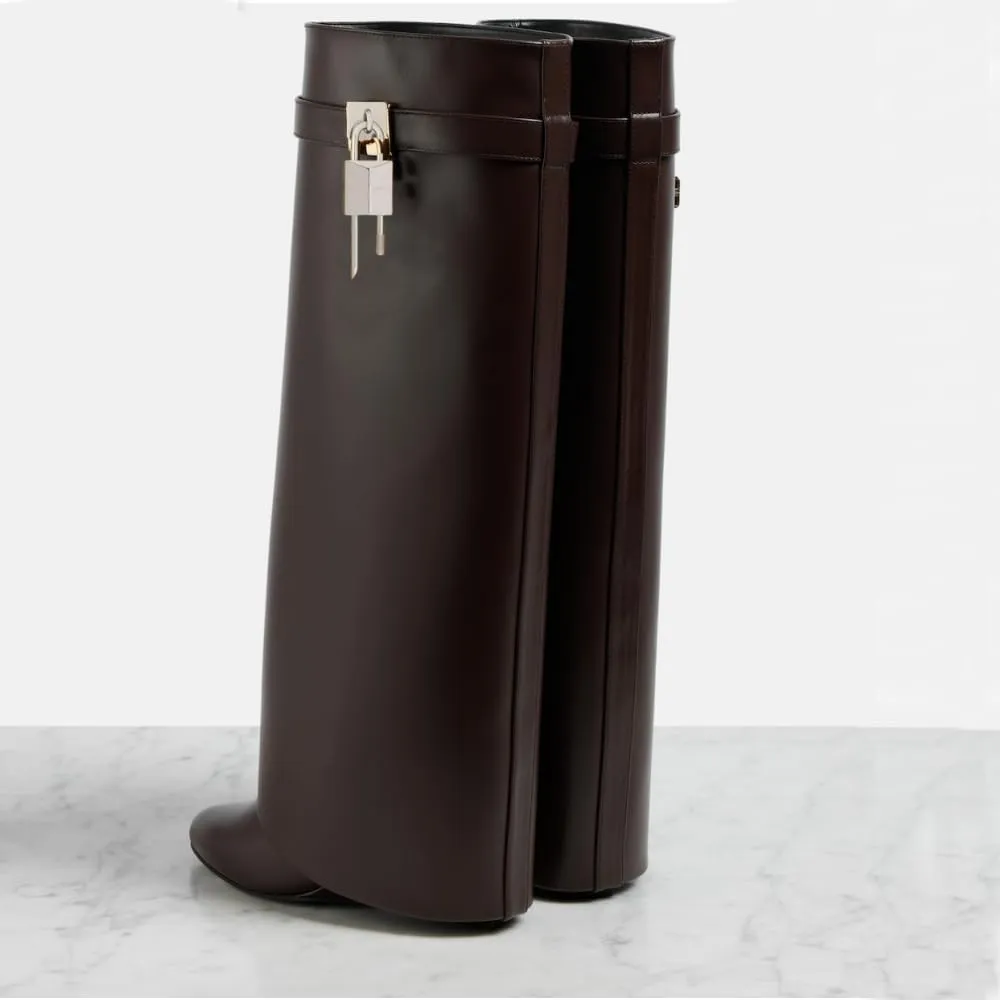 keleimusi Fold Over Wedge Boots Heeled PadLock Pant Knee High Shoes Tall/Short Booties in Black