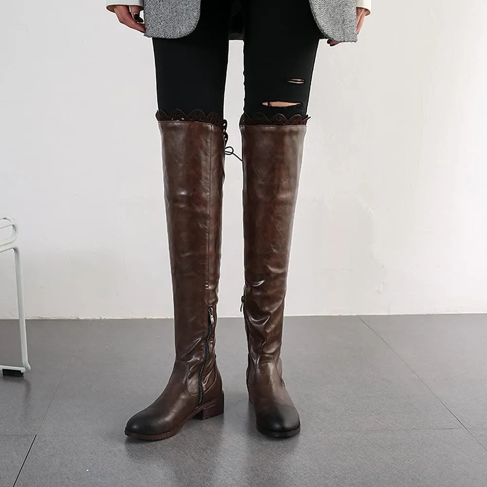 keleimusi Women's Block Low Heel Thigh High Boots Round toe Fur-lined Over The Knee Flat Riding Boots