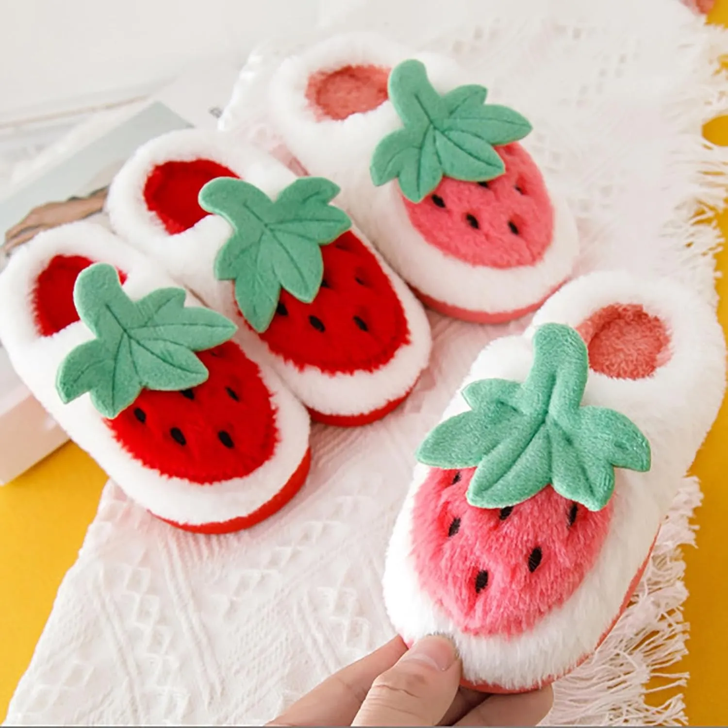 Kids Cute Strawberry 𝐌ushroom Slippers Soft Bottom Comfort Slippers Fleece Plush Warm Cozy Outdoor Tween Shoes