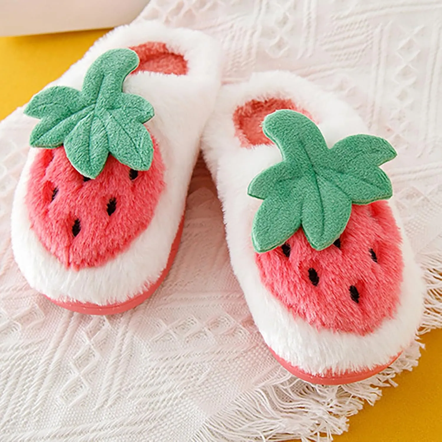 Kids Cute Strawberry 𝐌ushroom Slippers Soft Bottom Comfort Slippers Fleece Plush Warm Cozy Outdoor Tween Shoes