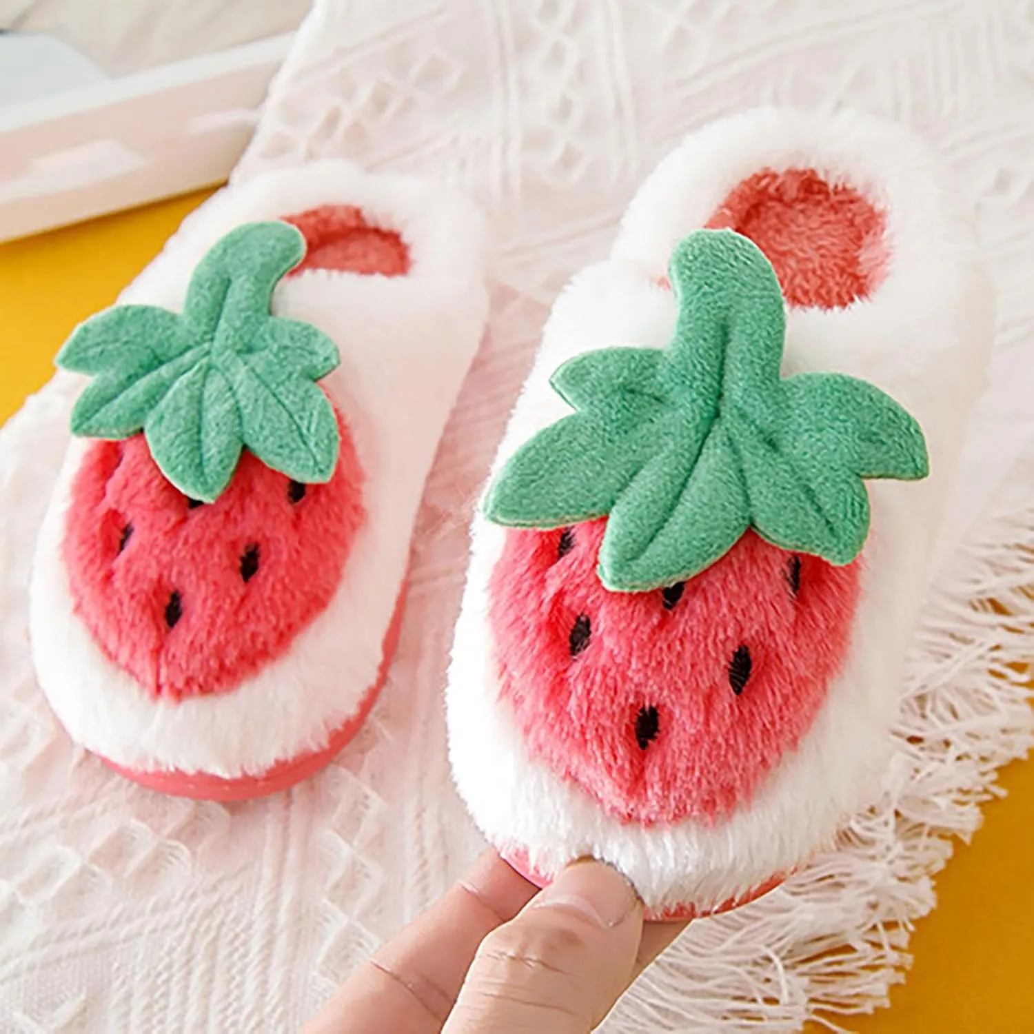 Kids Cute Strawberry 𝐌ushroom Slippers Soft Bottom Comfort Slippers Fleece Plush Warm Cozy Outdoor Tween Shoes
