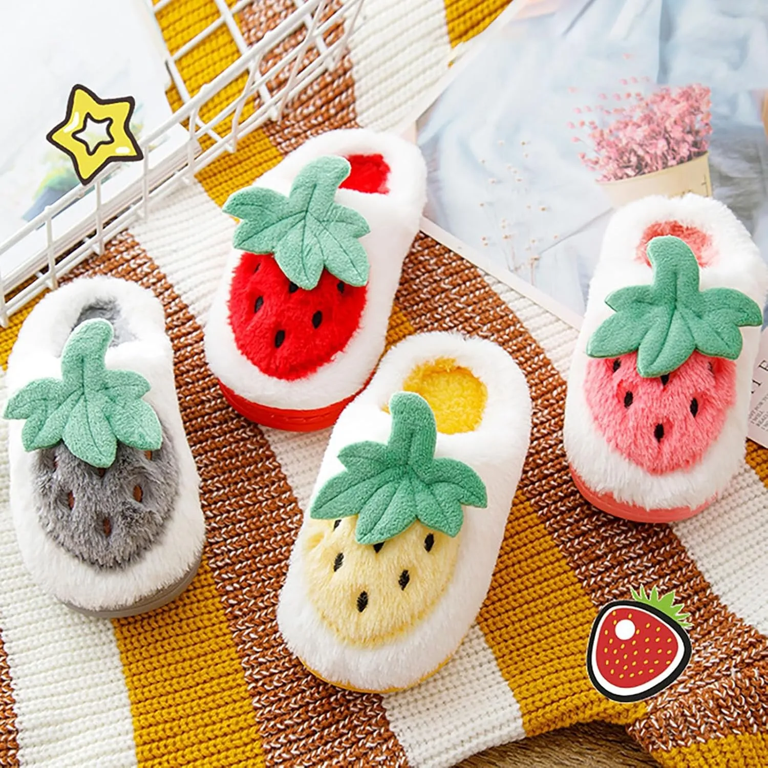 Kids Cute Strawberry 𝐌ushroom Slippers Soft Bottom Comfort Slippers Fleece Plush Warm Cozy Outdoor Tween Shoes