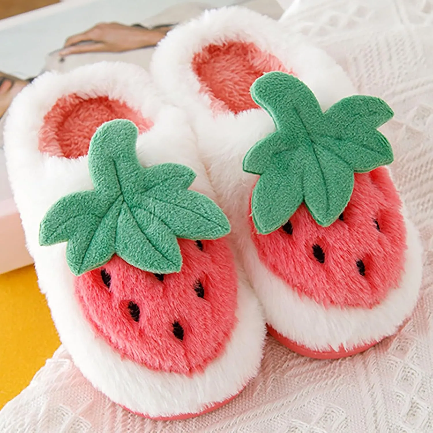 Kids Cute Strawberry 𝐌ushroom Slippers Soft Bottom Comfort Slippers Fleece Plush Warm Cozy Outdoor Tween Shoes
