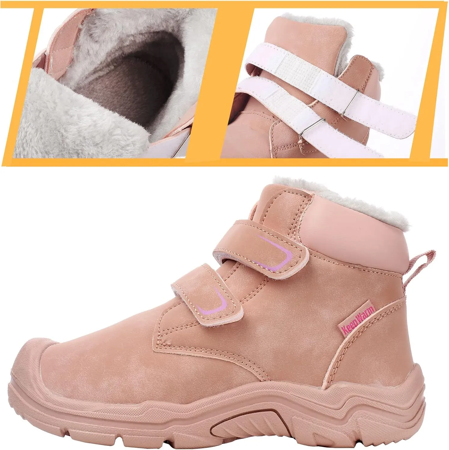 Kids Girls Boys Winter Snow Boots Fur Lined Warm Ankle Boots Non Slip Outdoor Hiking Trekking Shoes