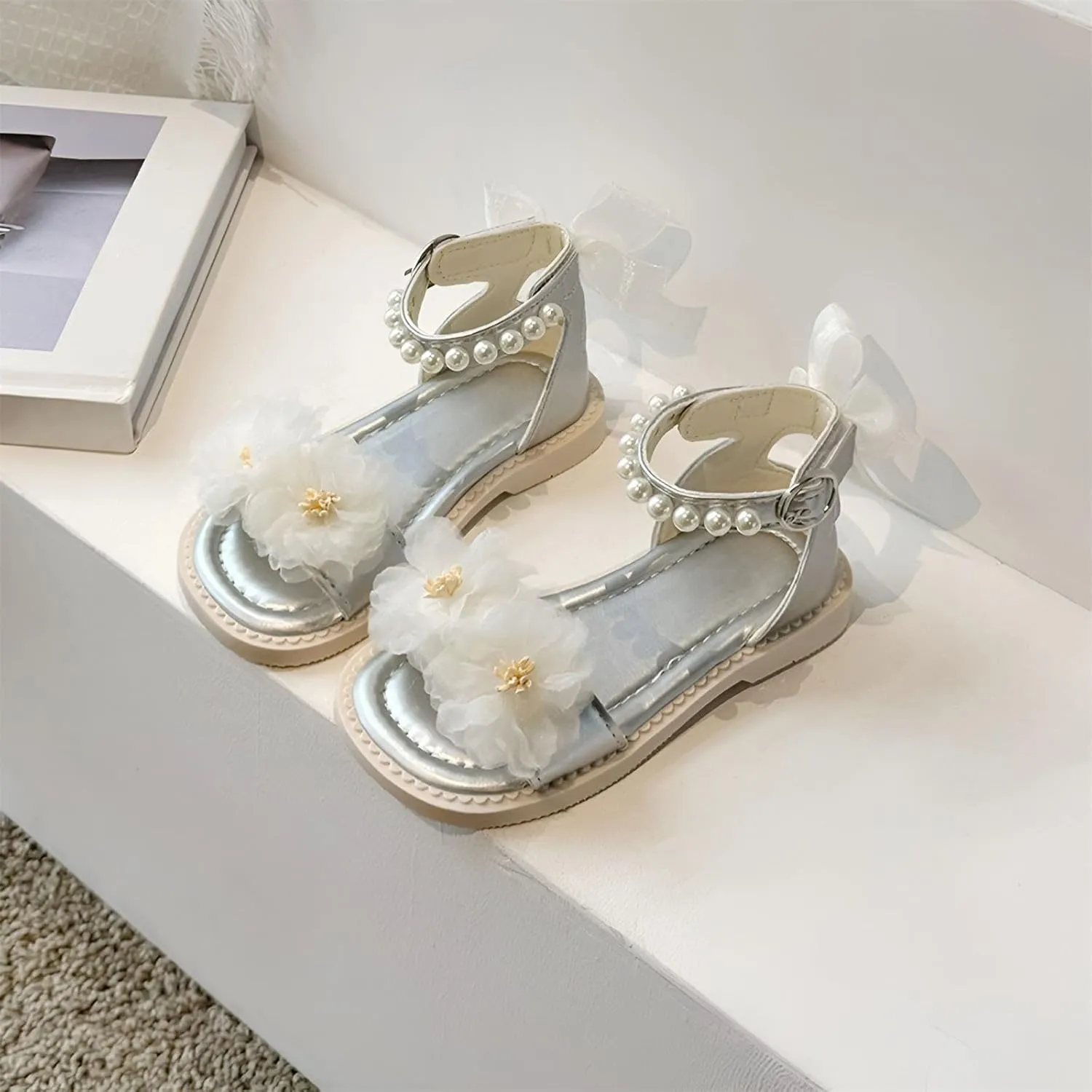 Kids Girls Flower Pearl Sandals Soft Sole Open Toe Adjustable Straps Formal Dress Shoes for Birthday Wedding Party