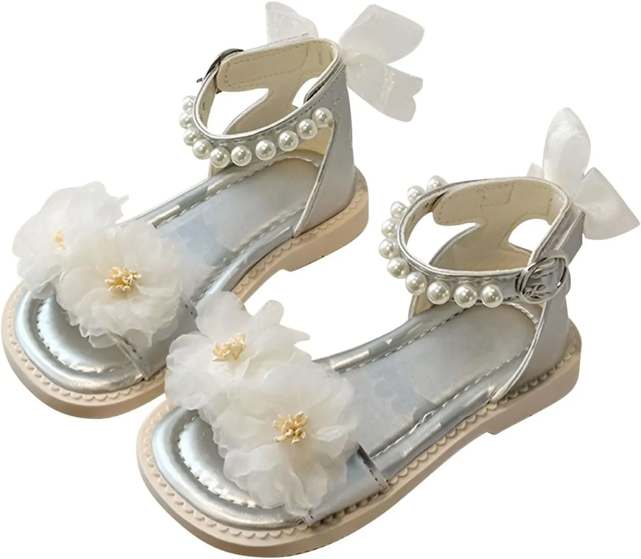 Kids Girls Flower Pearl Sandals Soft Sole Open Toe Adjustable Straps Formal Dress Shoes for Birthday Wedding Party