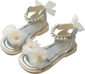 Kids Girls Flower Pearl Sandals Soft Sole Open Toe Adjustable Straps Formal Dress Shoes for Birthday Wedding Party