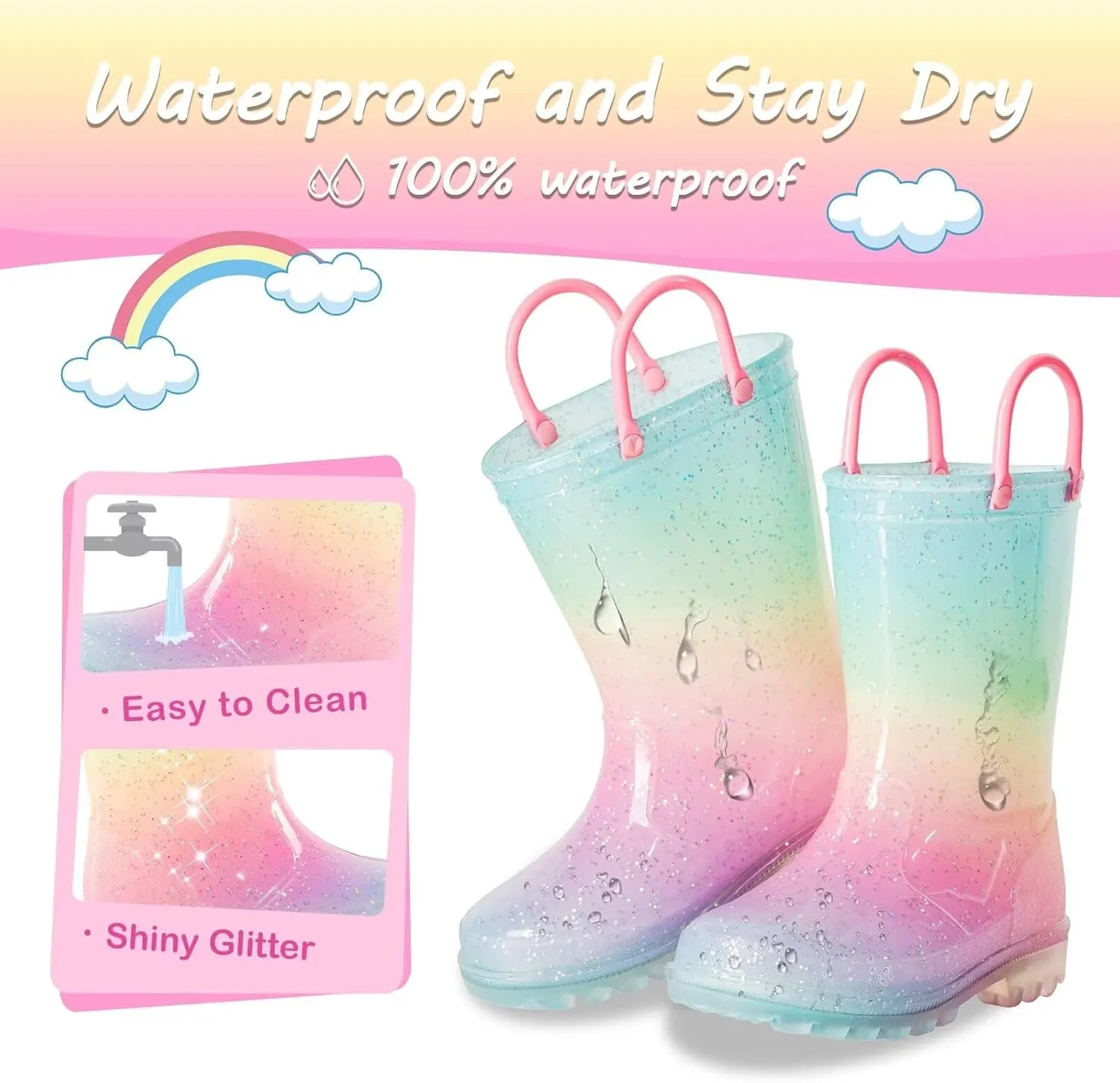 Kids Toddler Rain Boots for Girls Boys Light Up Waterproof Rain Shoes Patterns and Glitter Boot with Easy On Handles
