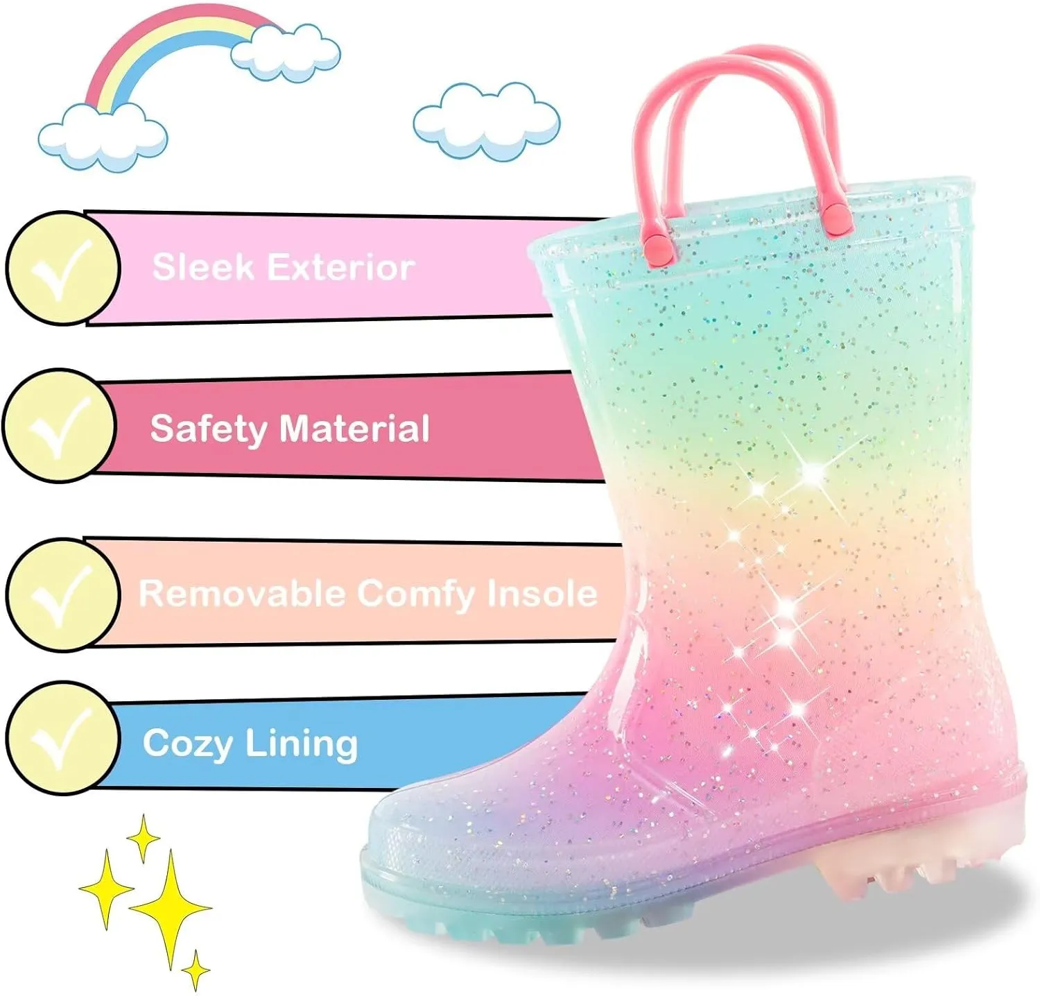 Kids Toddler Rain Boots for Girls Boys Light Up Waterproof Rain Shoes Patterns and Glitter Boot with Easy On Handles