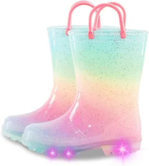 Kids Toddler Rain Boots for Girls Boys Light Up Waterproof Rain Shoes Patterns and Glitter Boot with Easy On Handles