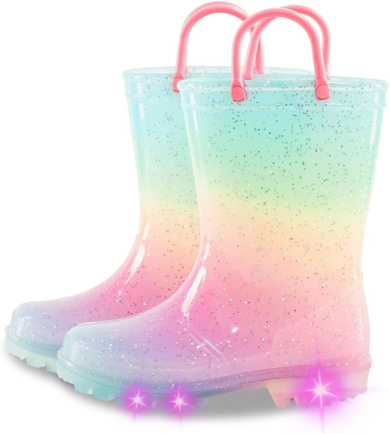 Kids Toddler Rain Boots for Girls Boys Light Up Waterproof Rain Shoes Patterns and Glitter Boot with Easy On Handles