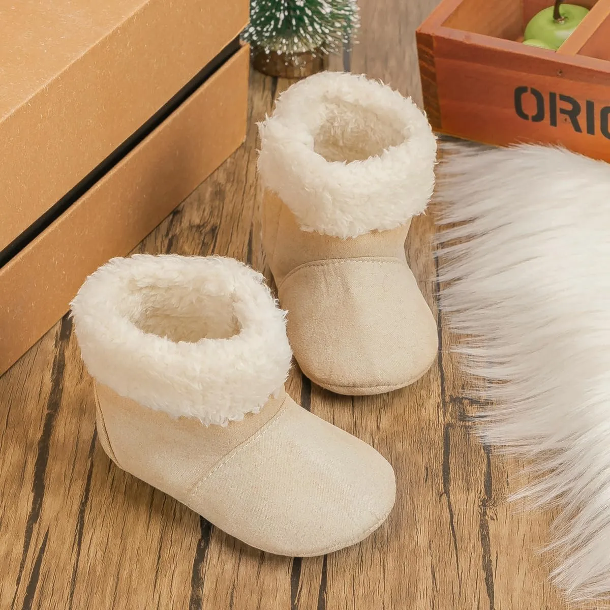 KIDSUN Infant Baby Boy Girl Cozy Fleece Bootie Newborn Stay On Slipper Winter Warm Gripper Non-Slip Crib Shoes