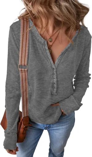 KINLONSAIR Womens Long Sleeve Patchwork Henley Shirts Casual Button Front Waffle Knit Tunic Top Solid Color Loose Fall Shirts