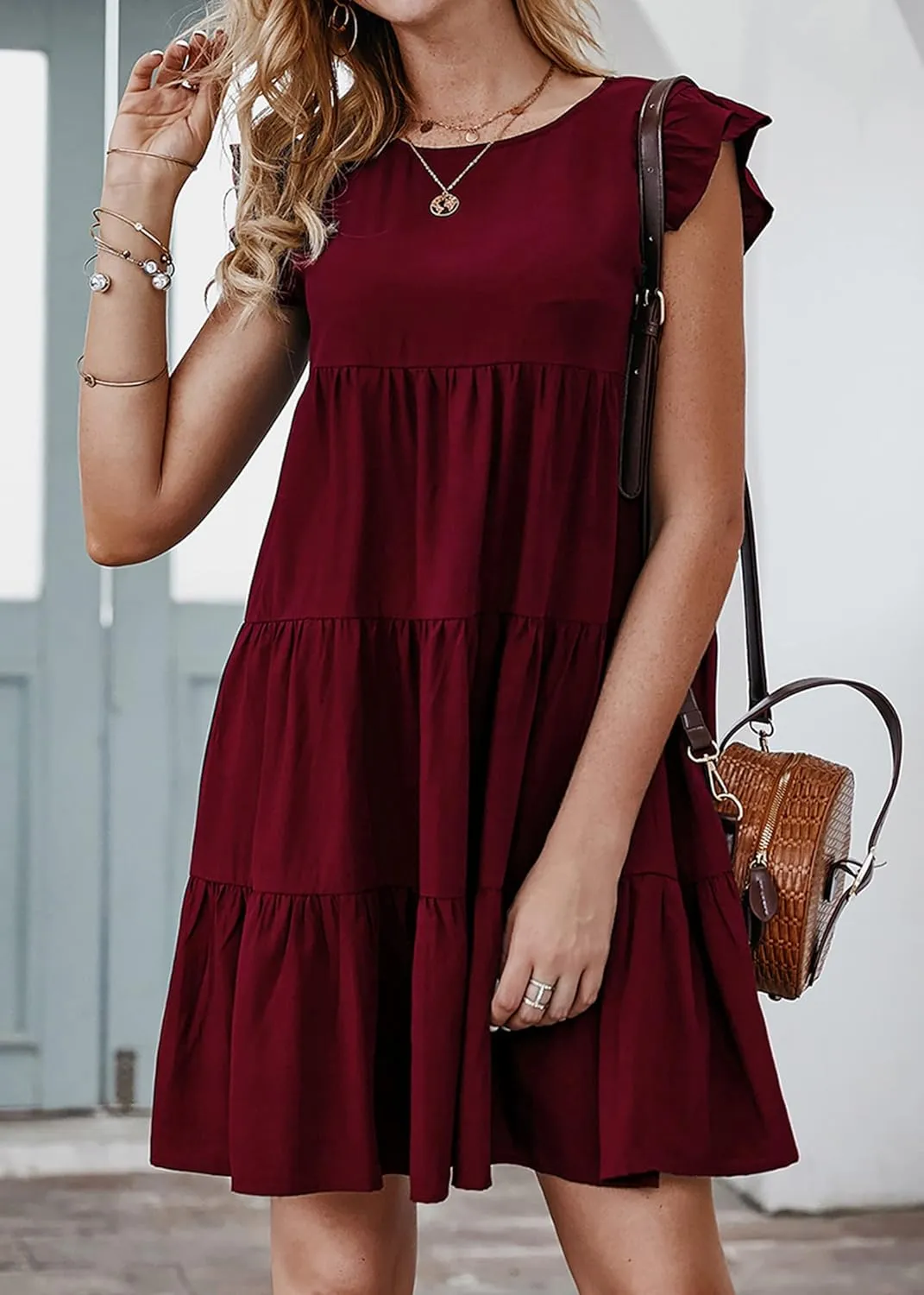 KIRUNDO Women's Summer Dresses Sleeveless Ruffle Sleeve Round Neck Solid Loose Short Flowy Pleated Mini Babydoll Dress