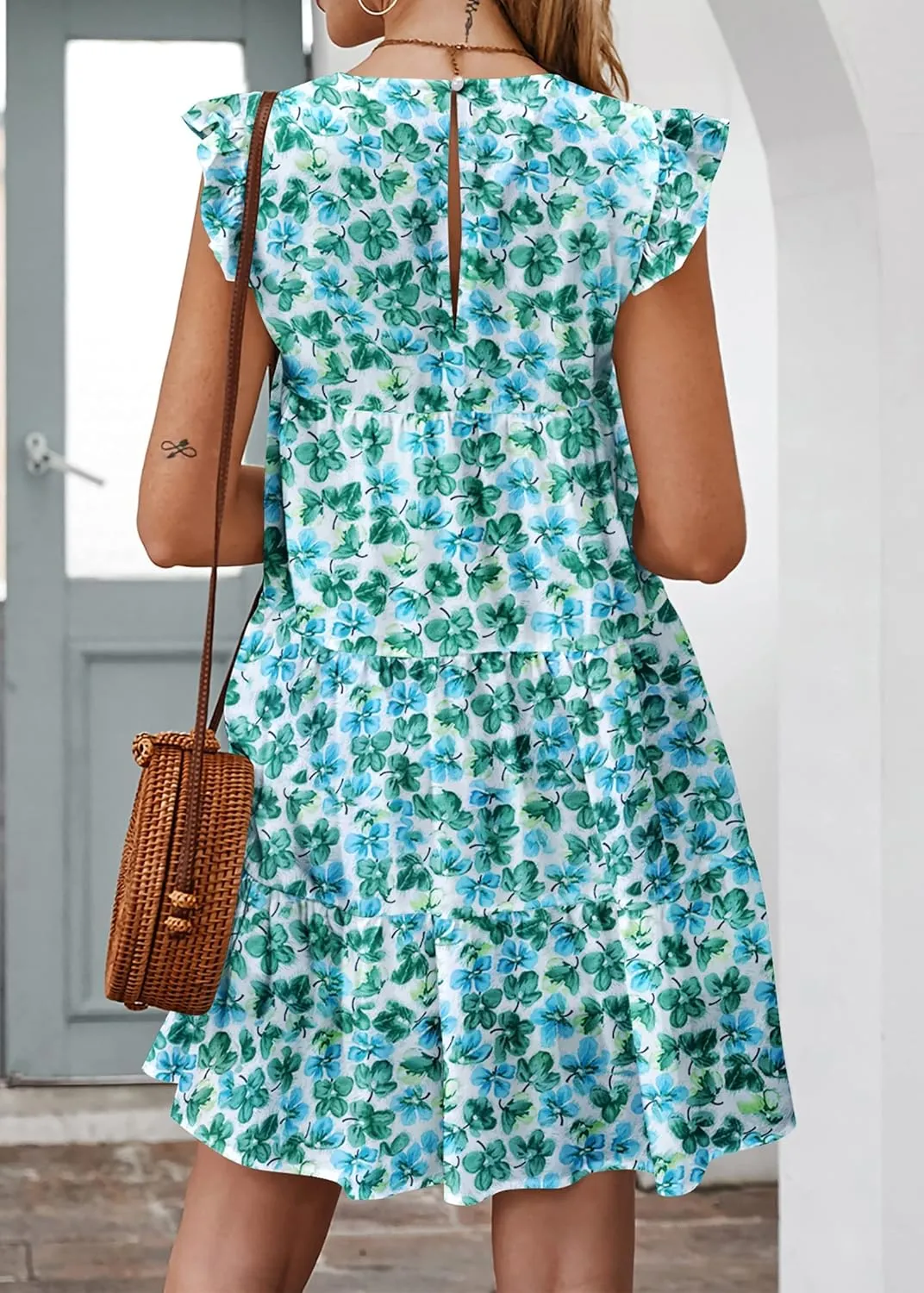 KIRUNDO Women's Summer Dresses Sleeveless Ruffle Sleeve Round Neck Solid Loose Short Flowy Pleated Mini Babydoll Dress