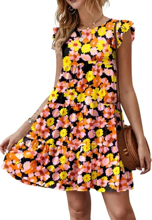 KIRUNDO Women's Summer Dresses Sleeveless Ruffle Sleeve Round Neck Solid Loose Short Flowy Pleated Mini Babydoll Dress