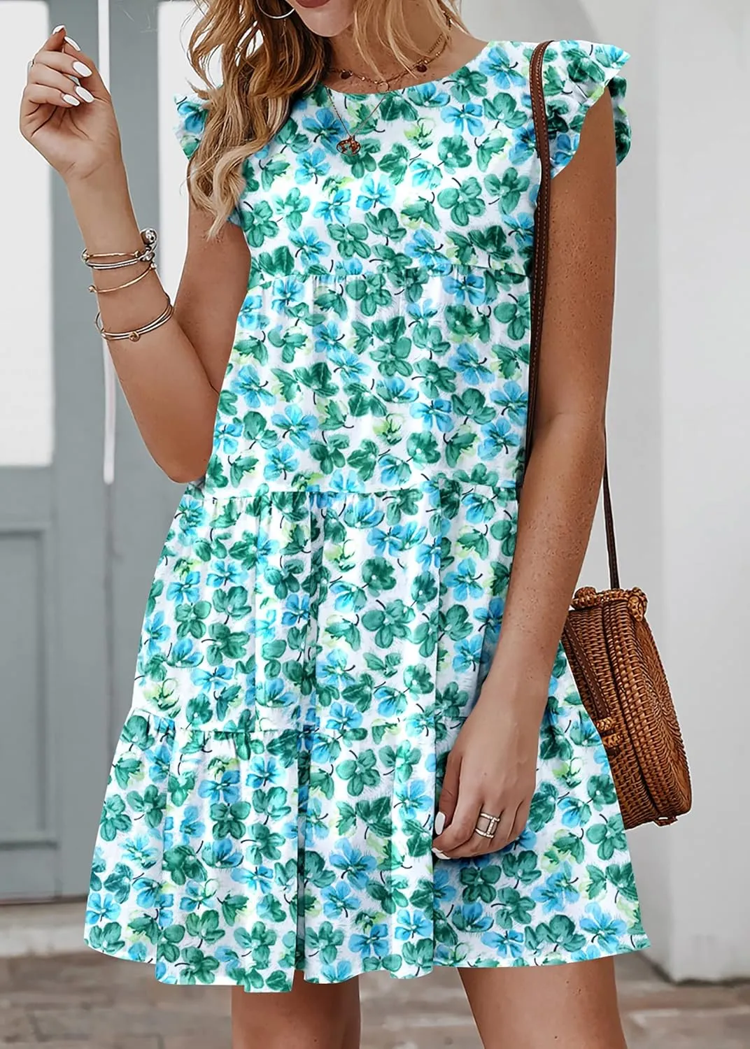 KIRUNDO Women's Summer Dresses Sleeveless Ruffle Sleeve Round Neck Solid Loose Short Flowy Pleated Mini Babydoll Dress