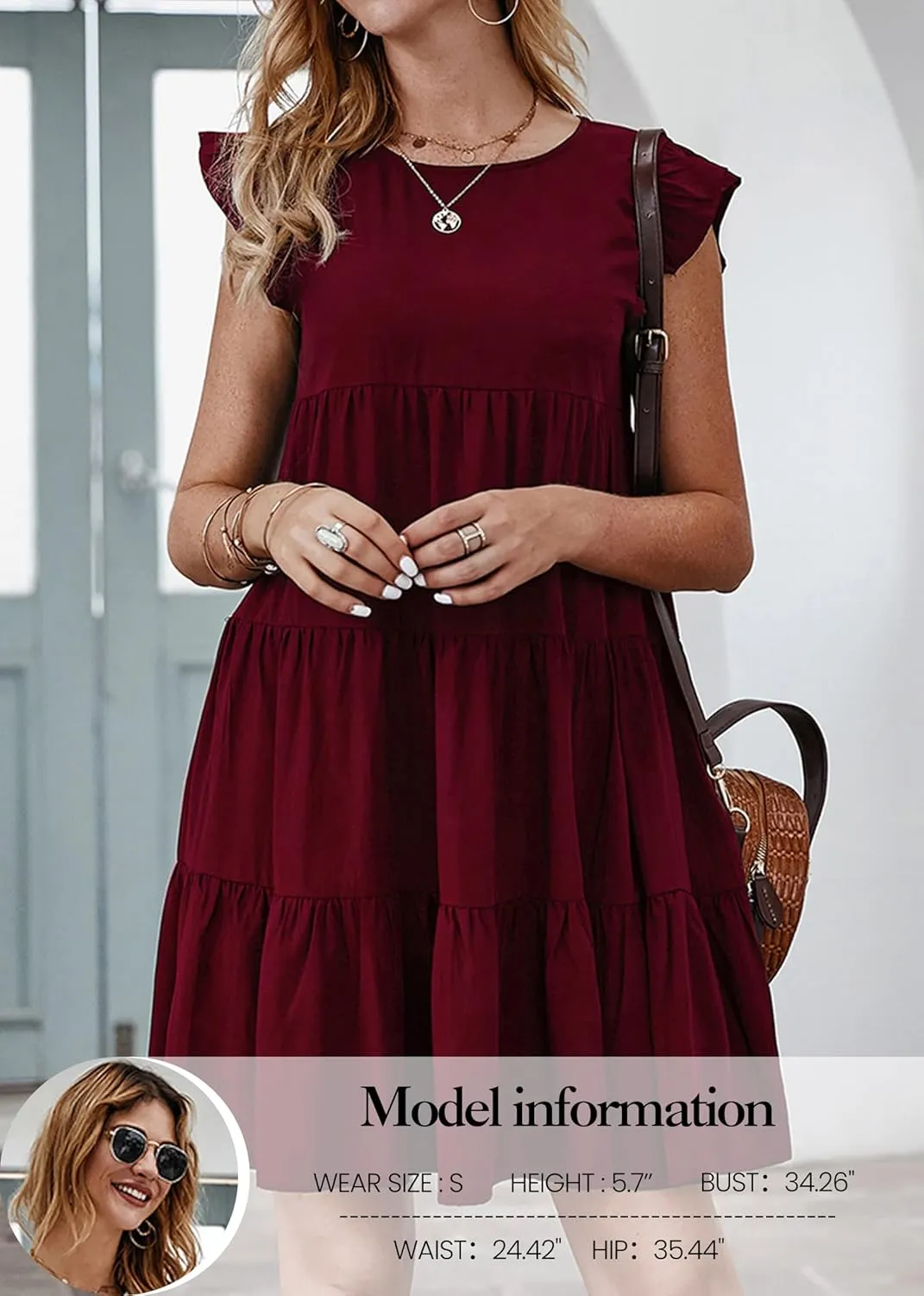 KIRUNDO Women's Summer Dresses Sleeveless Ruffle Sleeve Round Neck Solid Loose Short Flowy Pleated Mini Babydoll Dress