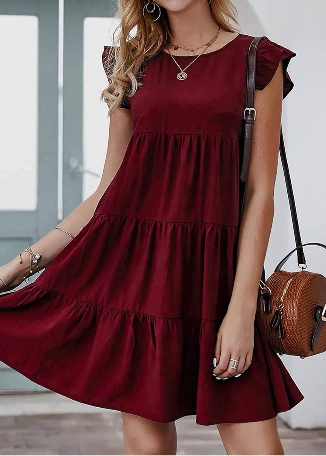 KIRUNDO Women's Summer Dresses Sleeveless Ruffle Sleeve Round Neck Solid Loose Short Flowy Pleated Mini Babydoll Dress