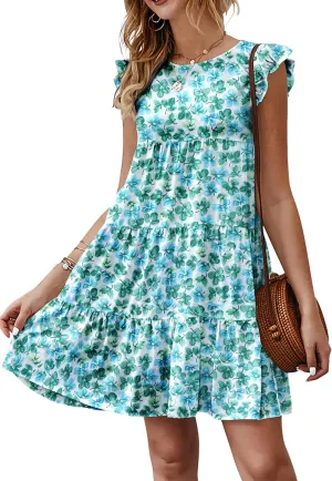 KIRUNDO Women's Summer Dresses Sleeveless Ruffle Sleeve Round Neck Solid Loose Short Flowy Pleated Mini Babydoll Dress