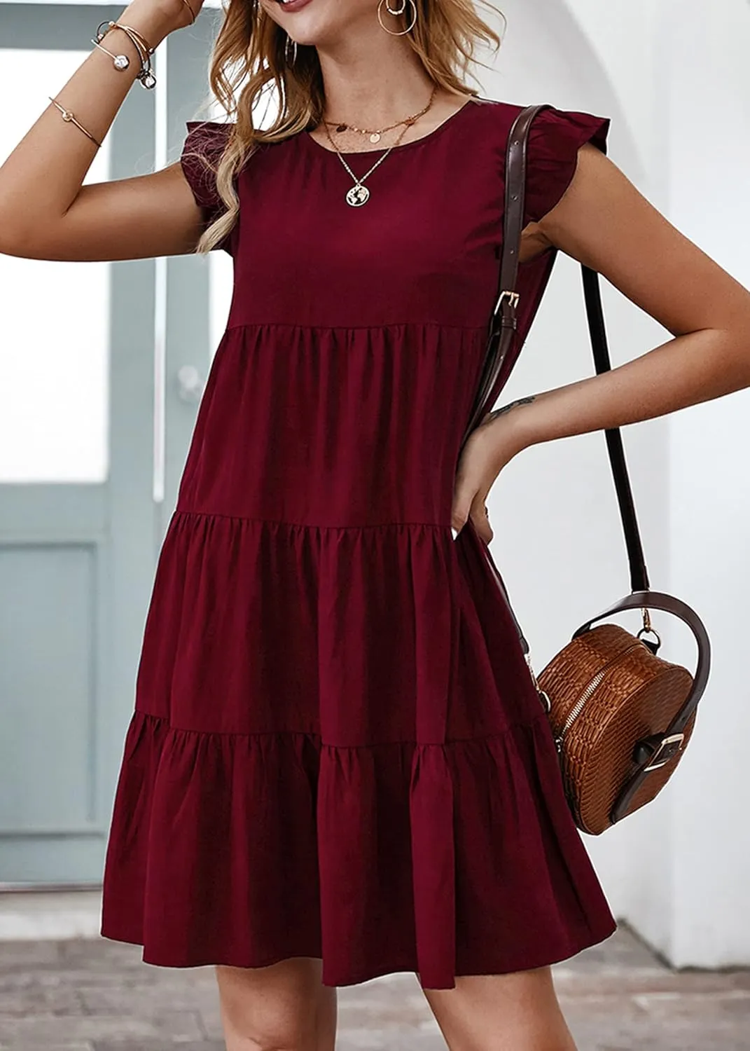 KIRUNDO Women's Summer Dresses Sleeveless Ruffle Sleeve Round Neck Solid Loose Short Flowy Pleated Mini Babydoll Dress