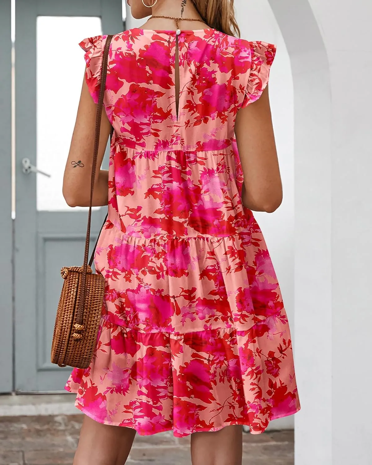 KIRUNDO Women's Summer Dresses Sleeveless Ruffle Sleeve Round Neck Solid Loose Short Flowy Pleated Mini Babydoll Dress