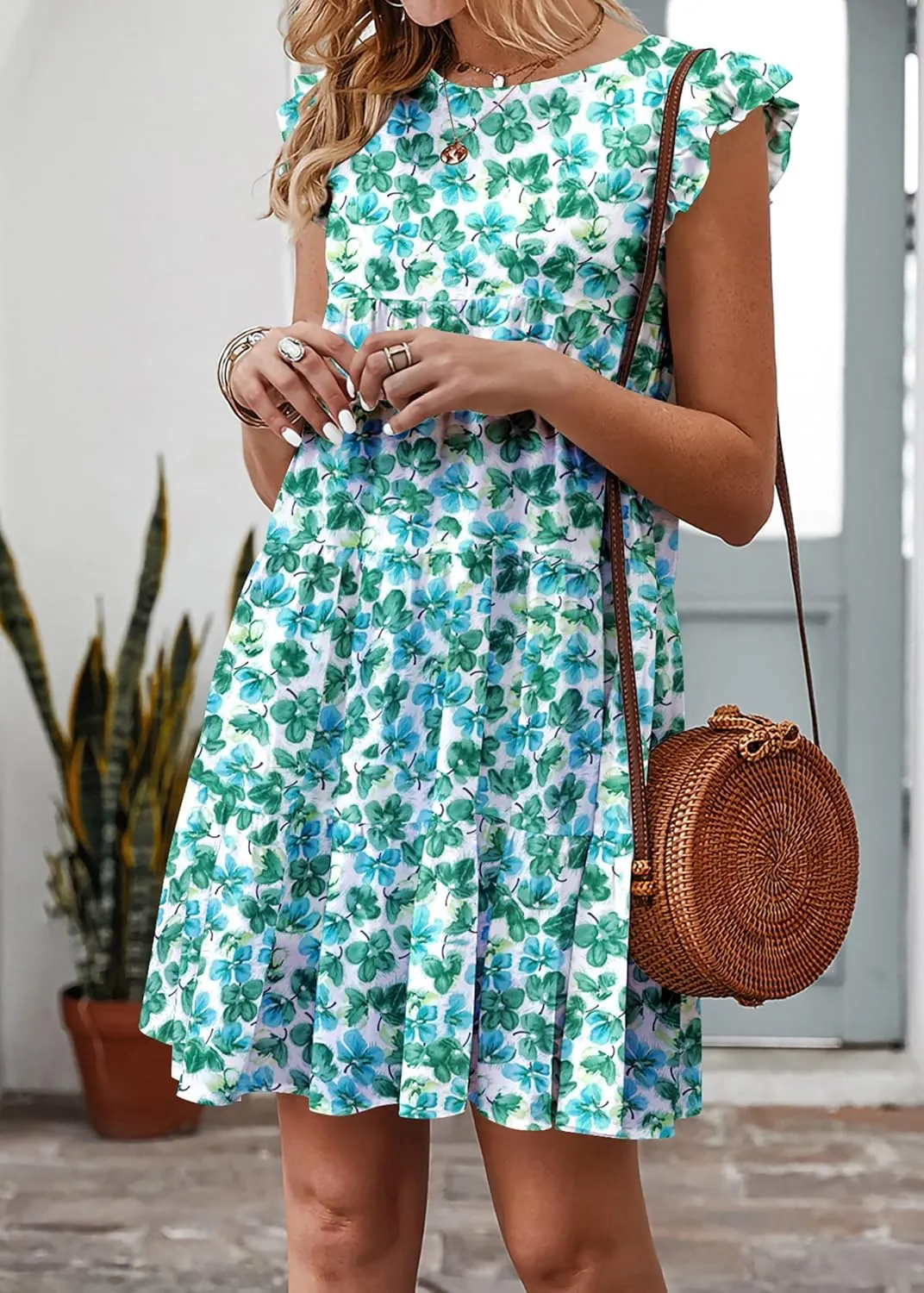 KIRUNDO Women's Summer Dresses Sleeveless Ruffle Sleeve Round Neck Solid Loose Short Flowy Pleated Mini Babydoll Dress