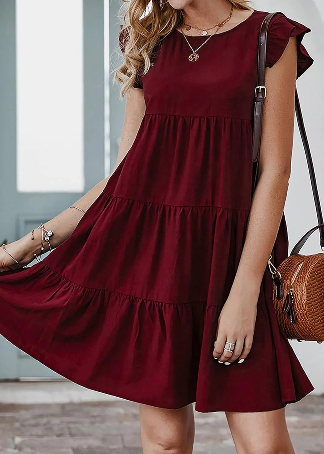 KIRUNDO Women's Summer Dresses Sleeveless Ruffle Sleeve Round Neck Solid Loose Short Flowy Pleated Mini Babydoll Dress