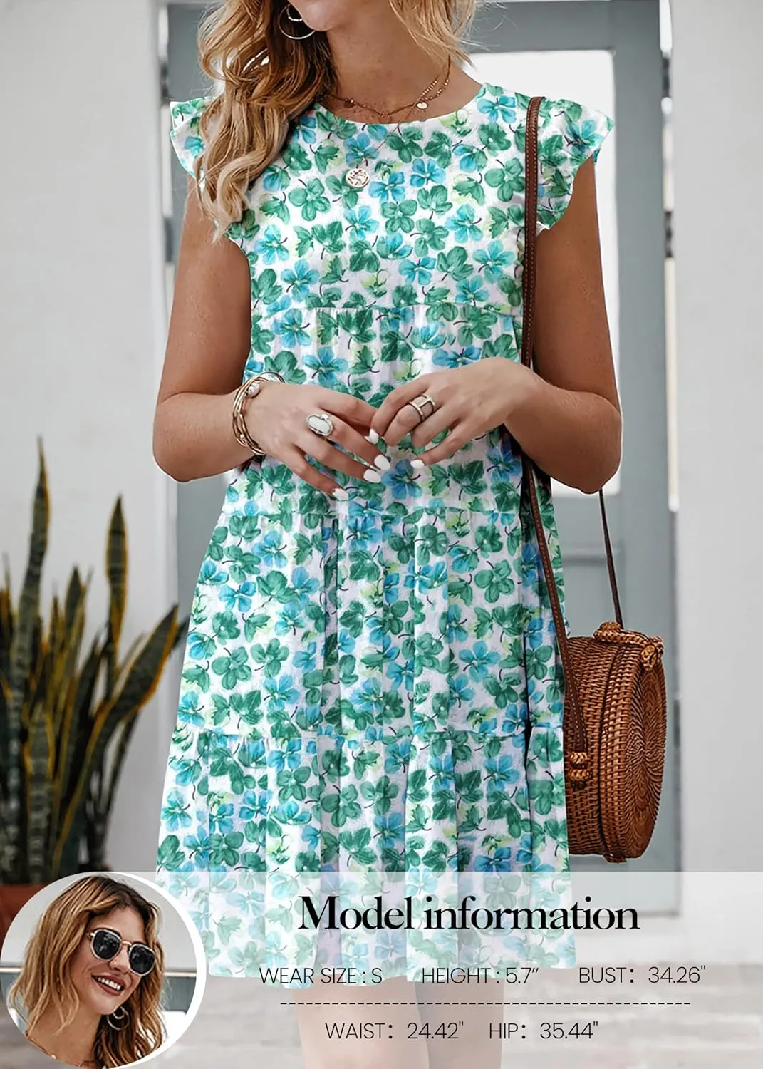 KIRUNDO Women's Summer Dresses Sleeveless Ruffle Sleeve Round Neck Solid Loose Short Flowy Pleated Mini Babydoll Dress