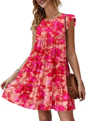 KIRUNDO Women's Summer Dresses Sleeveless Ruffle Sleeve Round Neck Solid Loose Short Flowy Pleated Mini Babydoll Dress