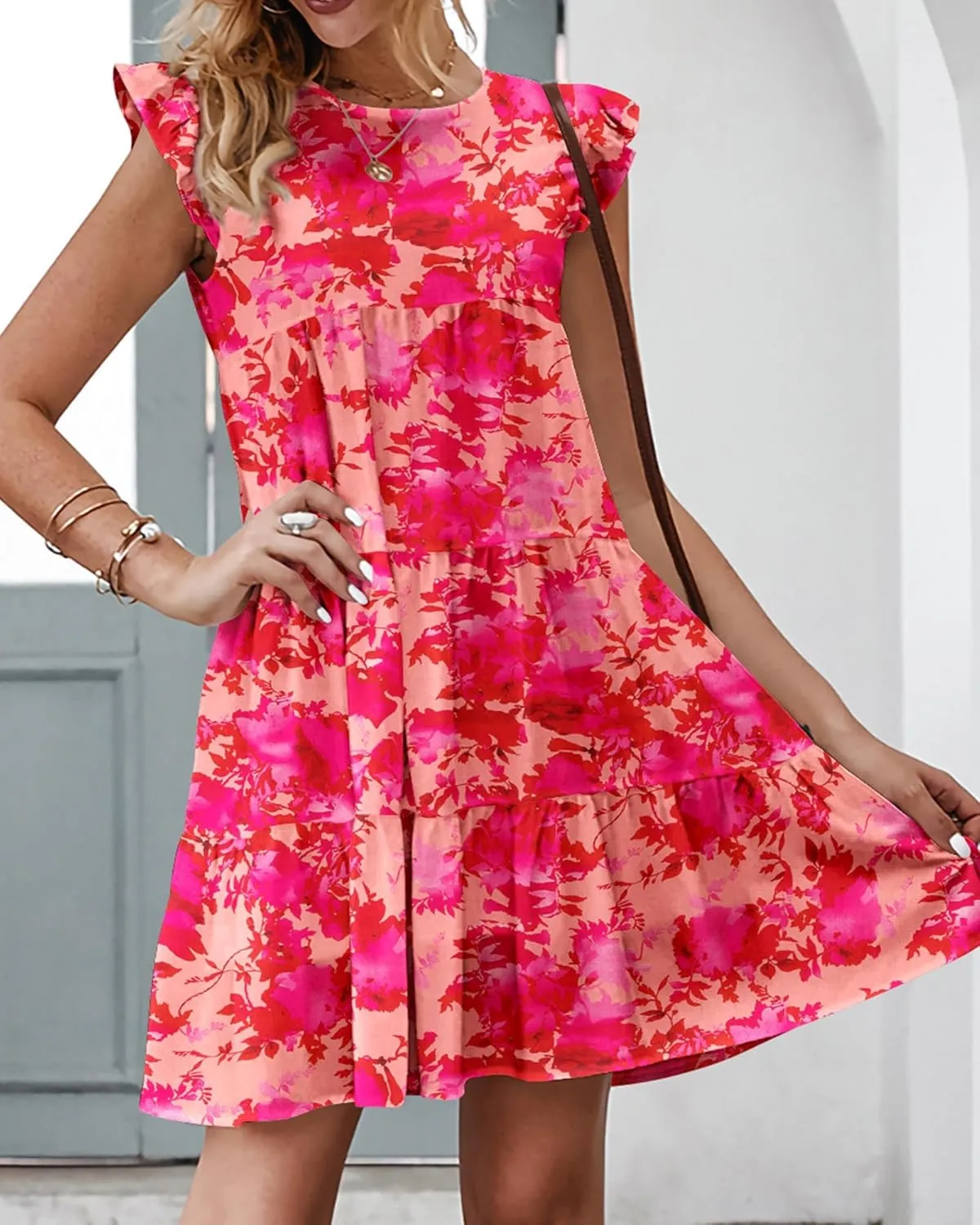 KIRUNDO Women's Summer Dresses Sleeveless Ruffle Sleeve Round Neck Solid Loose Short Flowy Pleated Mini Babydoll Dress