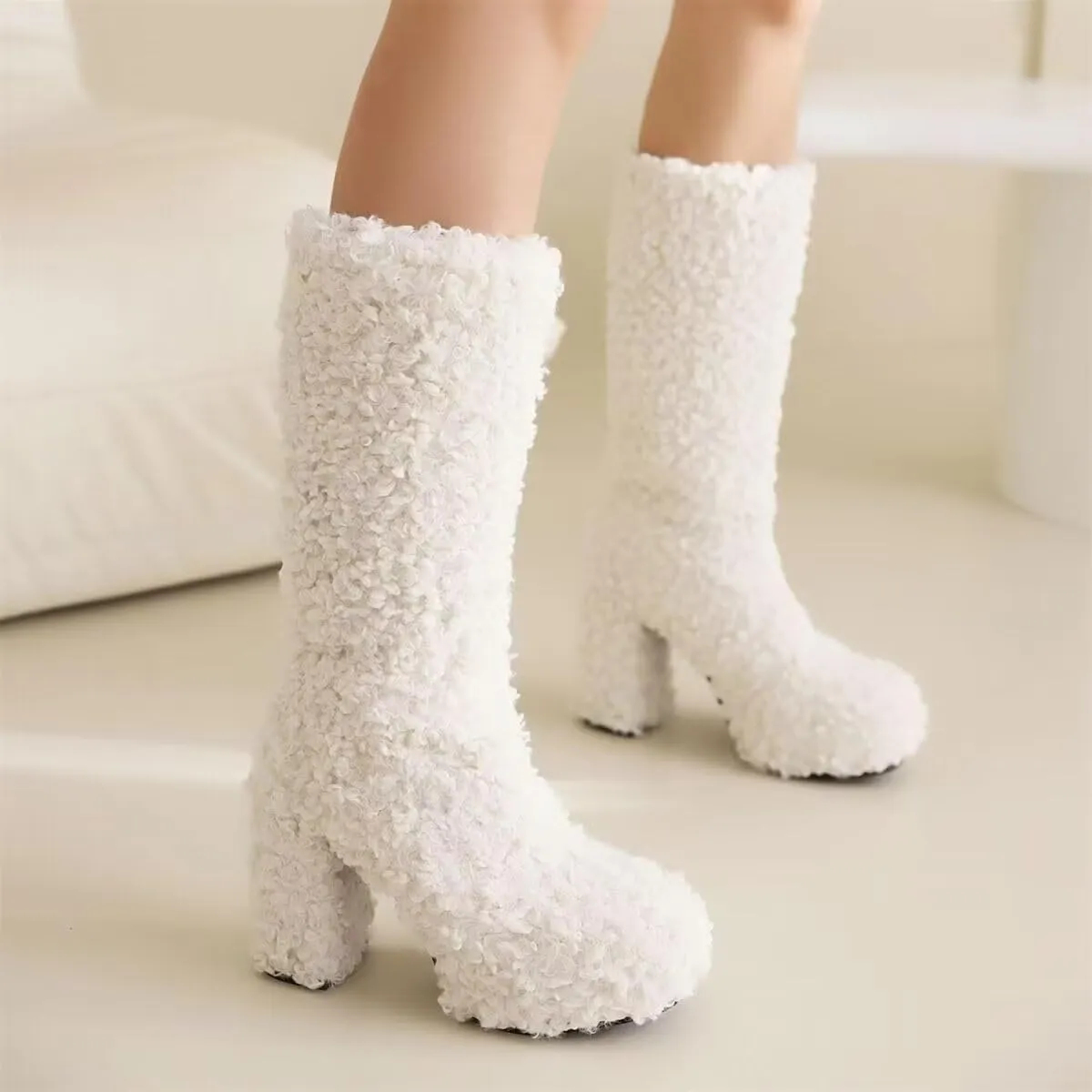 KISSASA Mid Calf Fluffy Furry Boots Warm Platform Chunky High Heel Pull On Boots Fashion Winter Boots