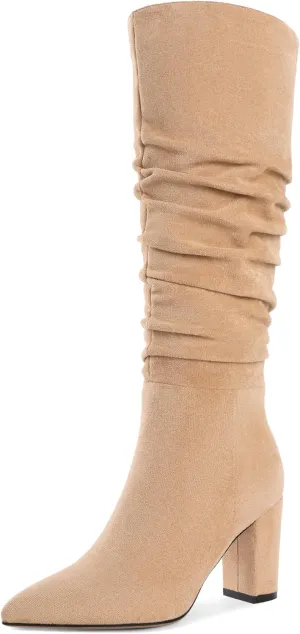 Knee High Boots for Women Chunky Heel Boots Classic Pointed Toe Boots Slouchy Booties for Work Office Comfortable Retro High Heel Boots