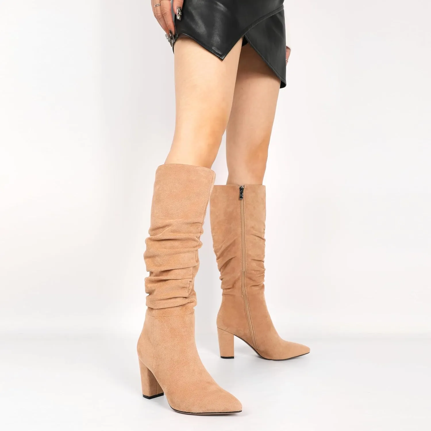 Knee High Boots for Women Chunky Heel Boots Classic Pointed Toe Boots Slouchy Booties for Work Office Comfortable Retro High Heel Boots