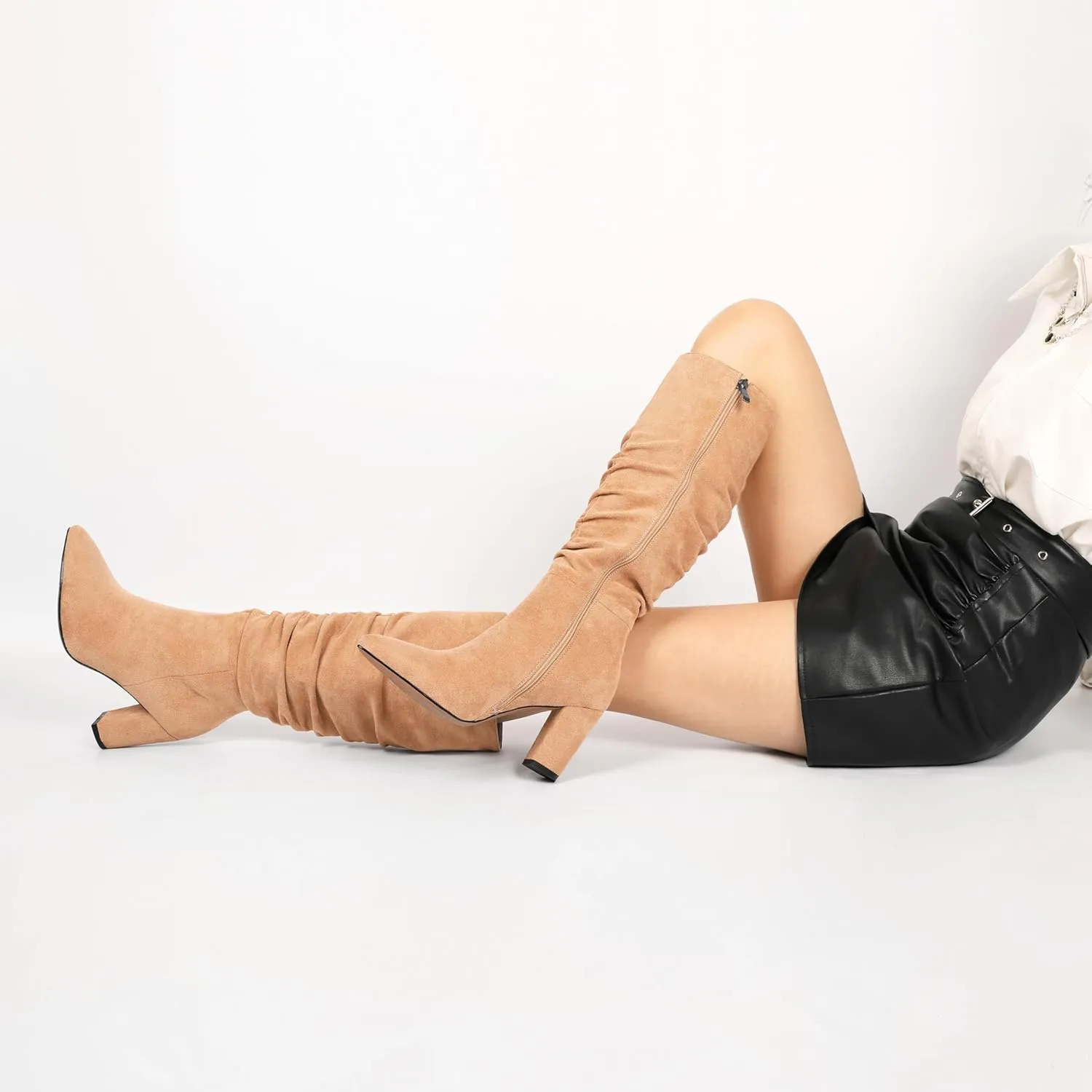 Knee High Boots for Women Chunky Heel Boots Classic Pointed Toe Boots Slouchy Booties for Work Office Comfortable Retro High Heel Boots