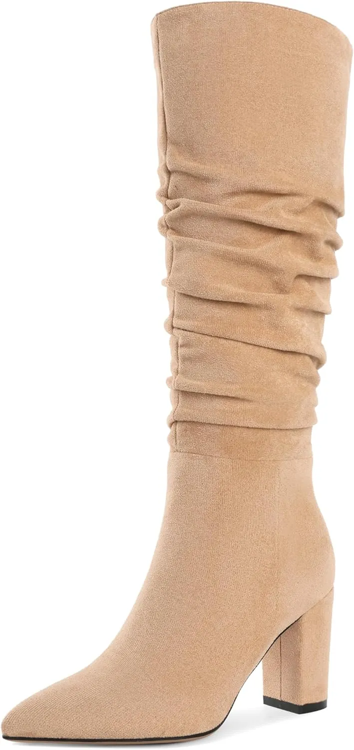 Knee High Boots for Women Chunky Heel Boots Classic Pointed Toe Boots Slouchy Booties for Work Office Comfortable Retro High Heel Boots