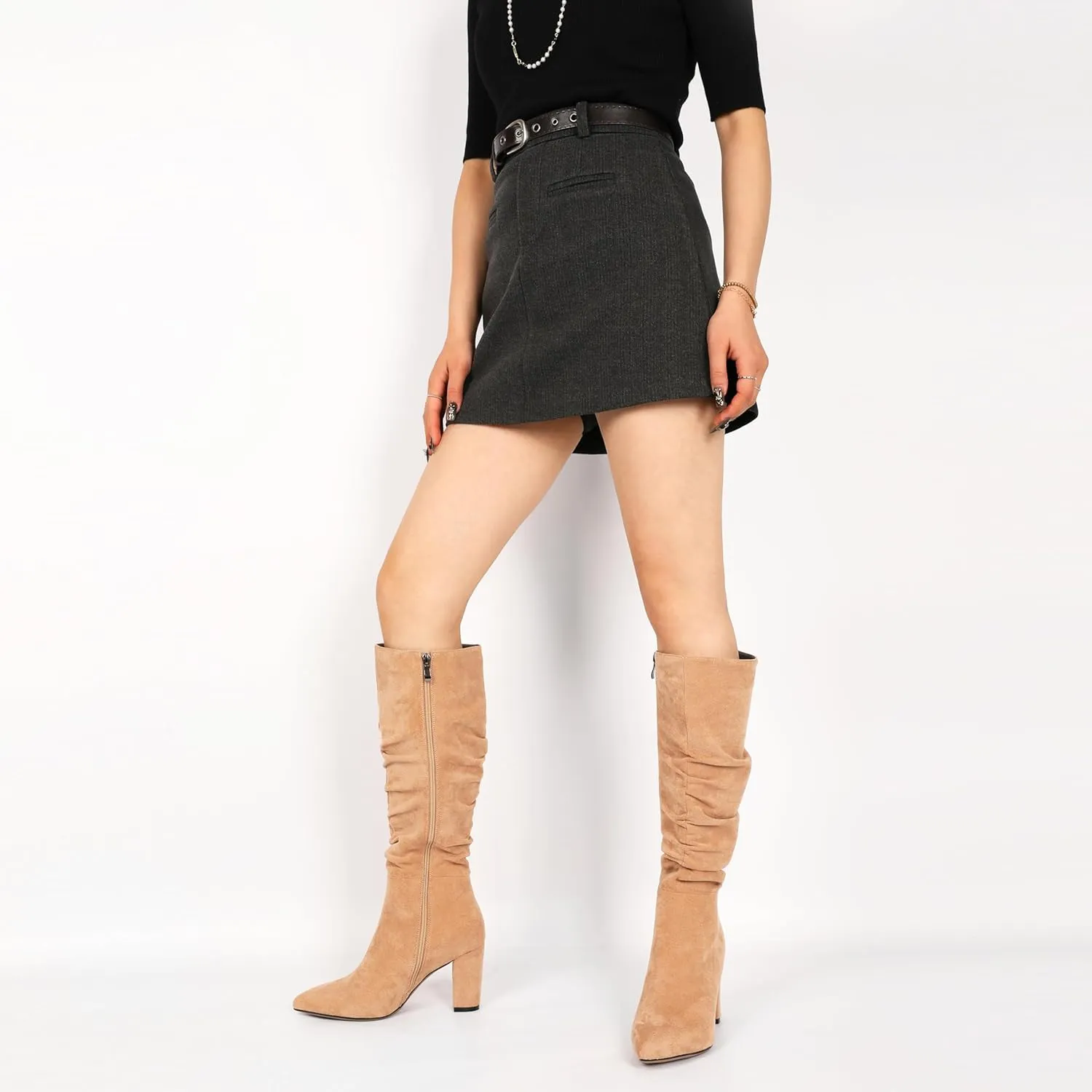 Knee High Boots for Women Chunky Heel Boots Classic Pointed Toe Boots Slouchy Booties for Work Office Comfortable Retro High Heel Boots