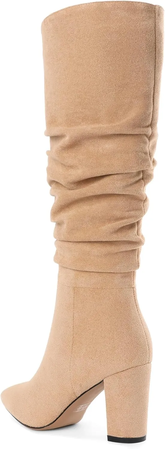 Knee High Boots for Women Chunky Heel Boots Classic Pointed Toe Boots Slouchy Booties for Work Office Comfortable Retro High Heel Boots