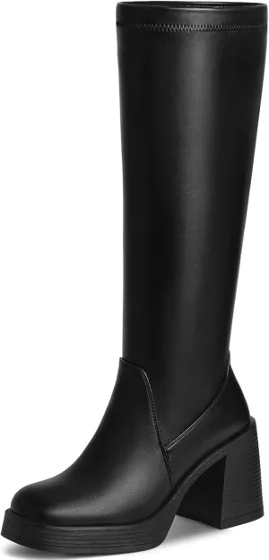 Knee High Boots for Women - Square Toe Platform Chunky Heel Tall Boots with Side Zipper, Stretchy Leather Fashion Gogo Boots for Fall Spring