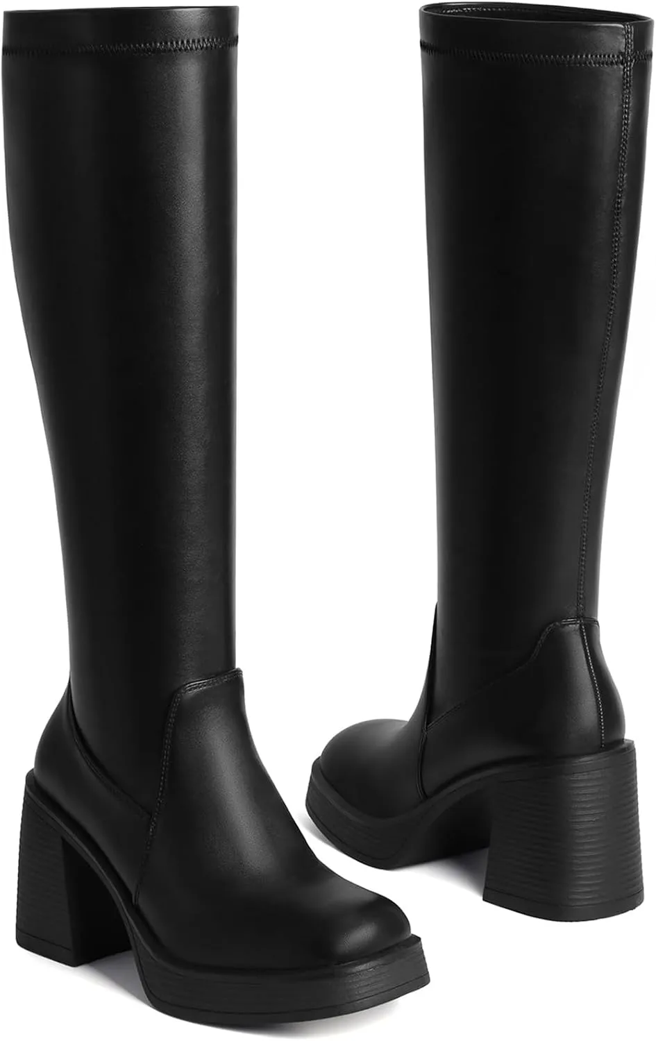 Knee High Boots for Women - Square Toe Platform Chunky Heel Tall Boots with Side Zipper, Stretchy Leather Fashion Gogo Boots