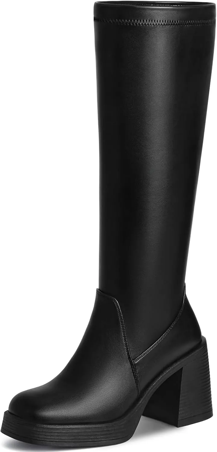 Knee High Boots for Women - Square Toe Platform Chunky Heel Tall Boots with Side Zipper, Stretchy Leather Fashion Gogo Boots