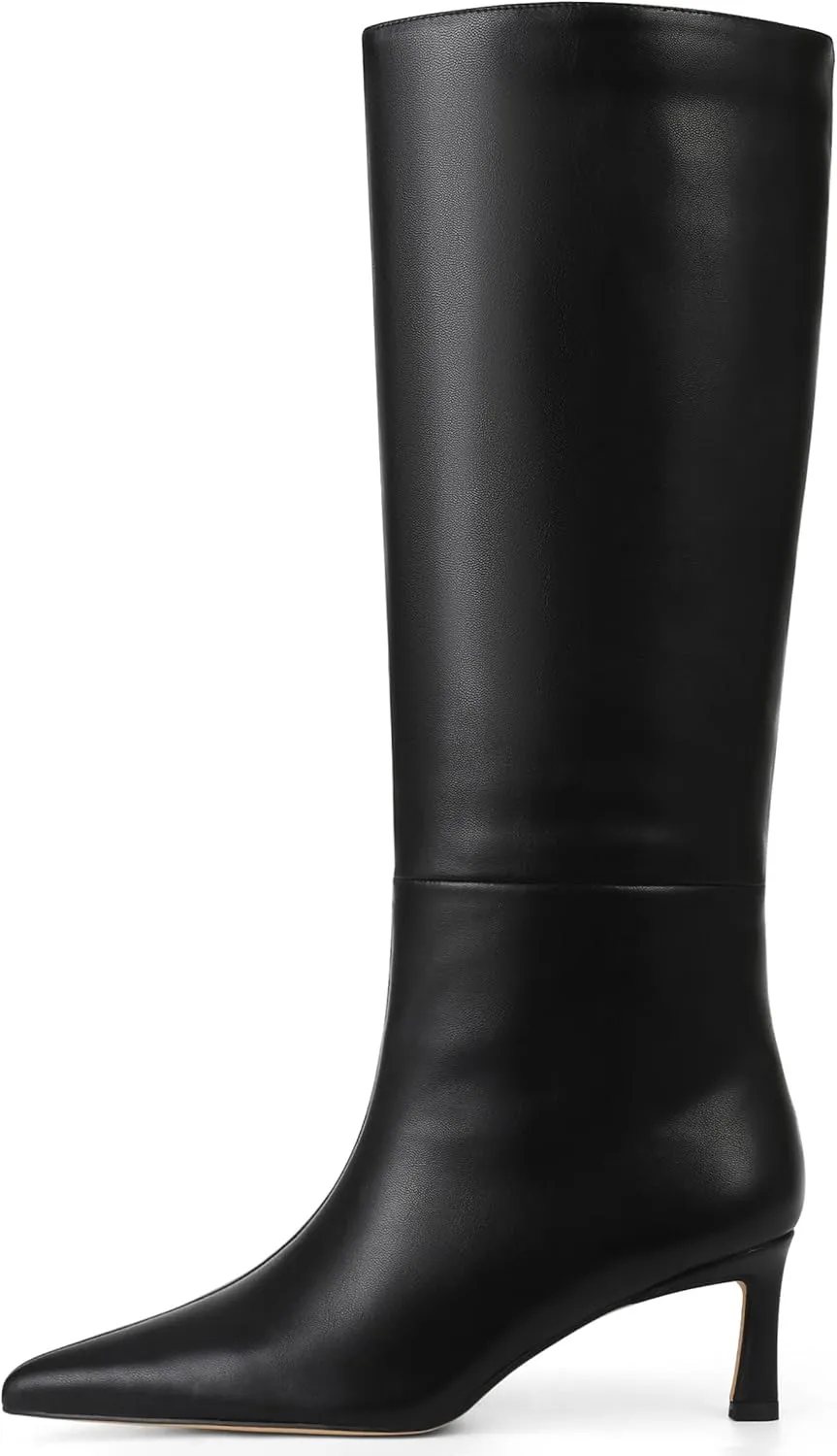 Knee High Boots Womens Wide Calf Kitten Heel Tall Boots Pointed Toe Suede Long Boots Trendy Dress Leather Low Heel High Boots Pull On