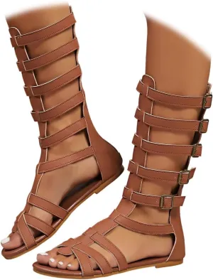 Knee High Sandals for Women Gladiator Cut Out Summer Roman Boots Open Toe Lace Up Platform Heels Shoes