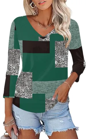 KTILG Women's V Neck T Shirts 3/4 Sleeve Blouse Summer Tops Dressy Casual Solid Basic Tees