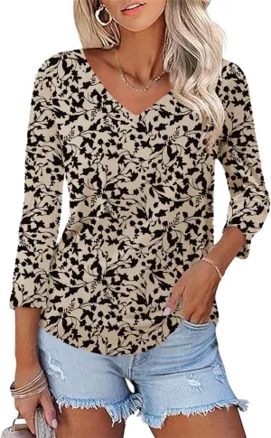 KTILG Women's V Neck T Shirts 3/4 Sleeve Blouse Summer Tops Dressy Casual Solid Basic Tees